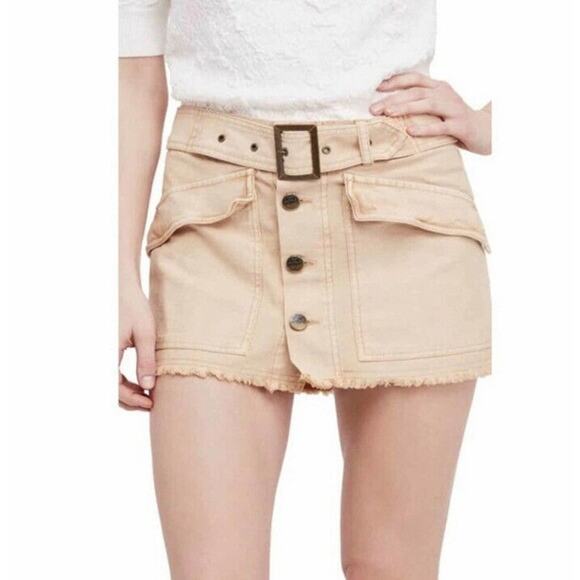 Free People Mini Skirt Womens Size 10 Tan Button Front Belted Utility Fringe - Picture 1 of 11
